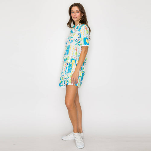Retro Blue Palm Tree Print Skort w/ Rick Rack trim