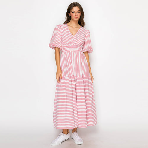 Soft Pink Stripe Linen Midi Dress