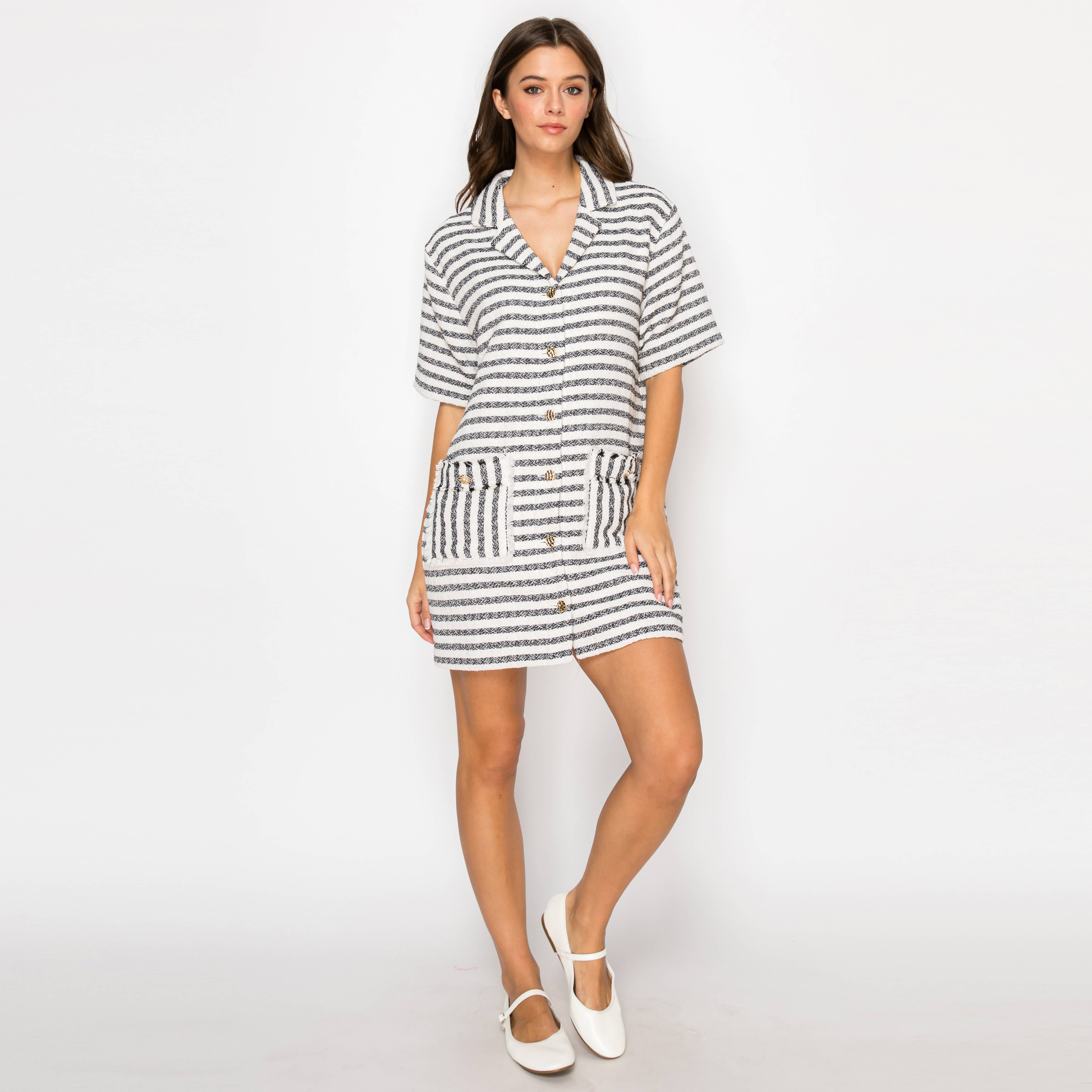 Black & White Stripe French Boucle Shirts Mini Dress