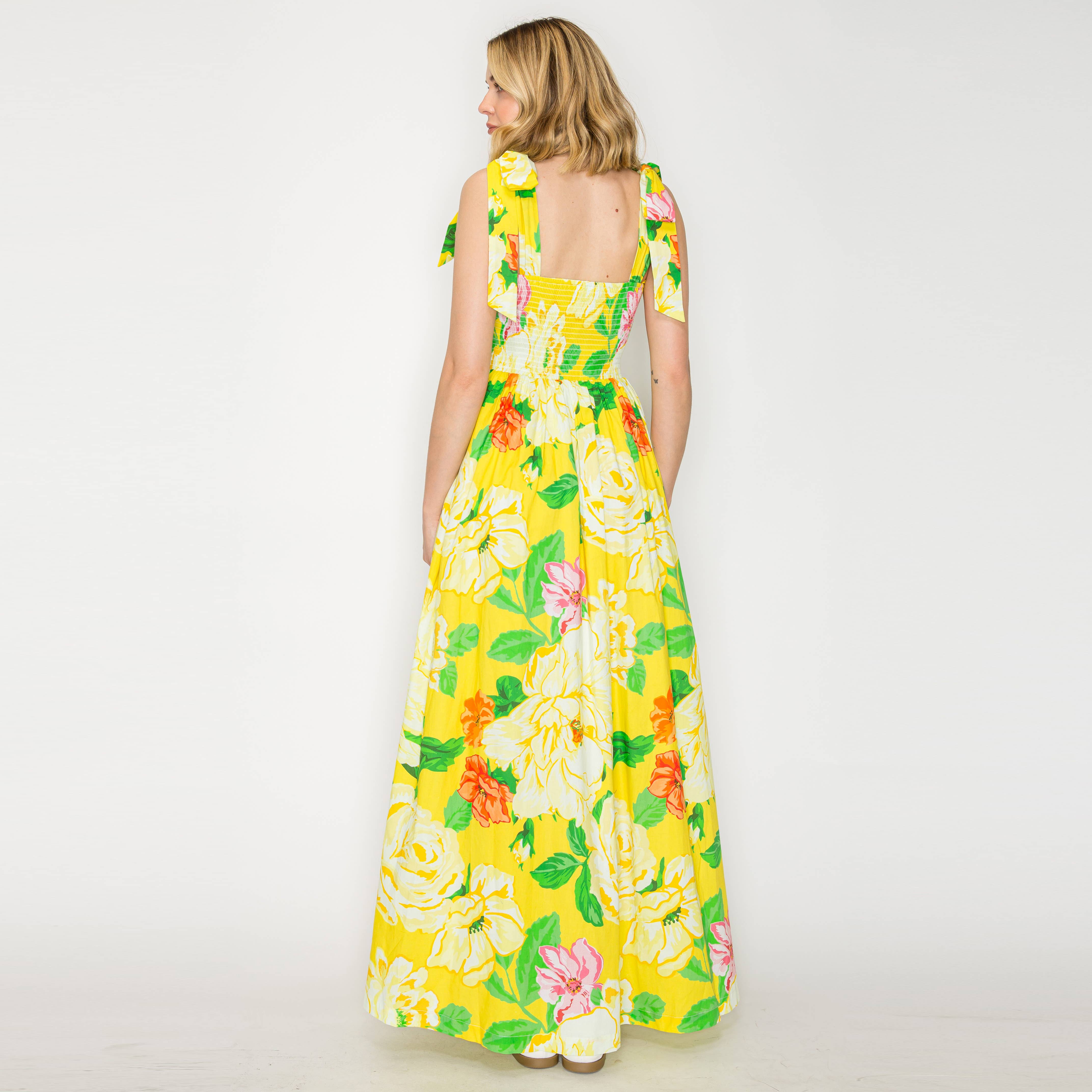 Sunny Lemon Yellow Big Flower Maxi Dress