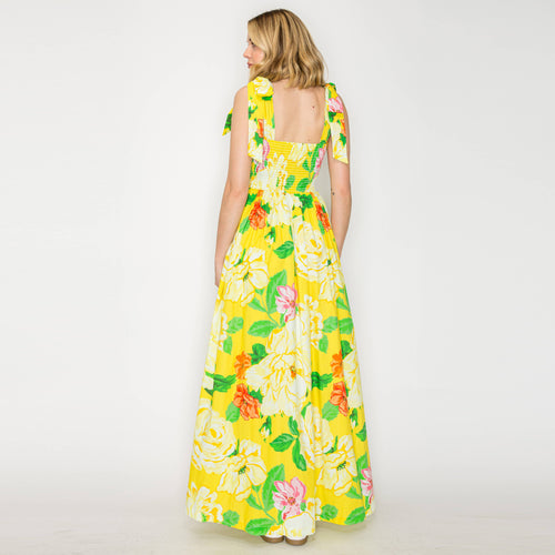 Sunny Lemon Yellow Big Flower Maxi Dress