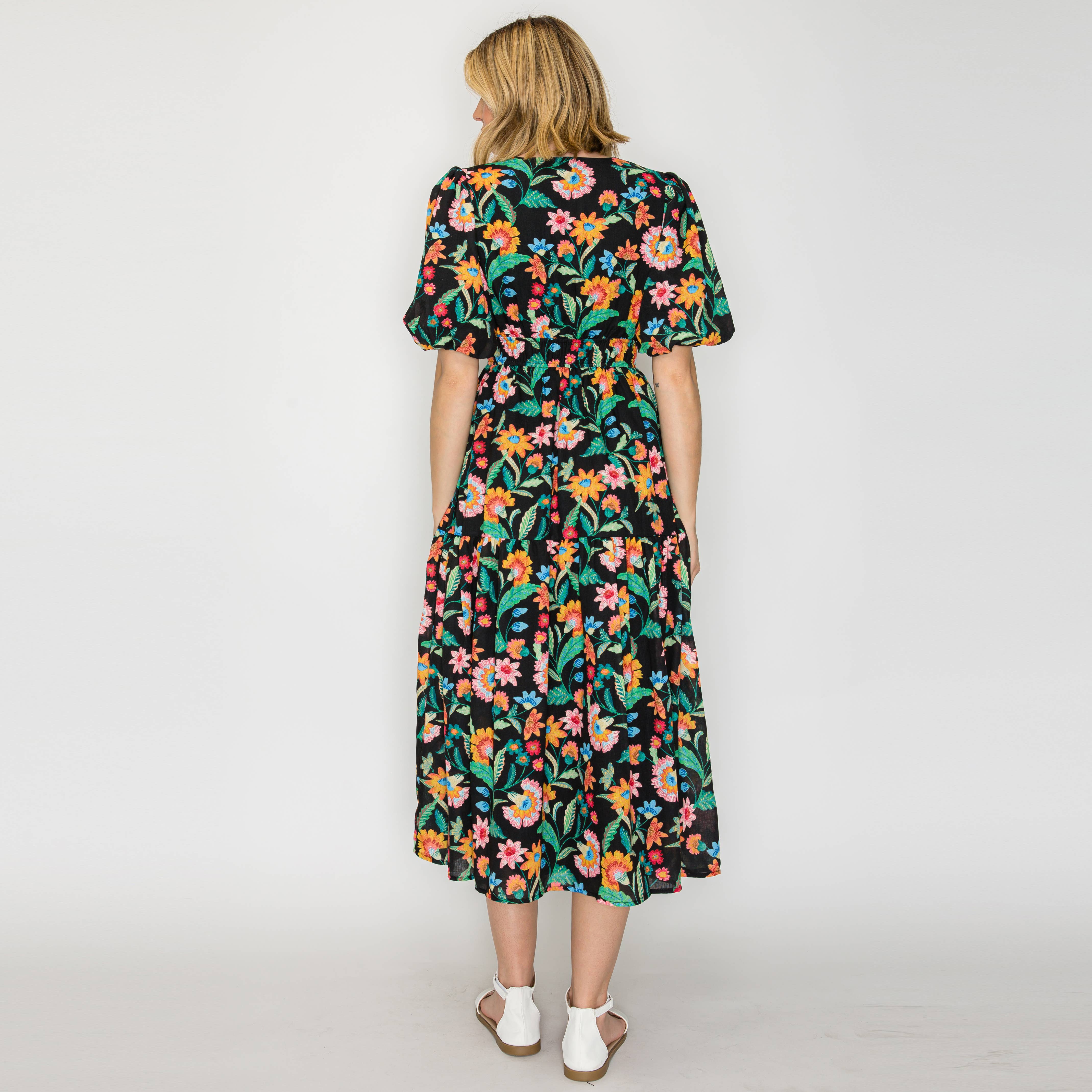 Colorful Jacobean in Black Midi Dress
