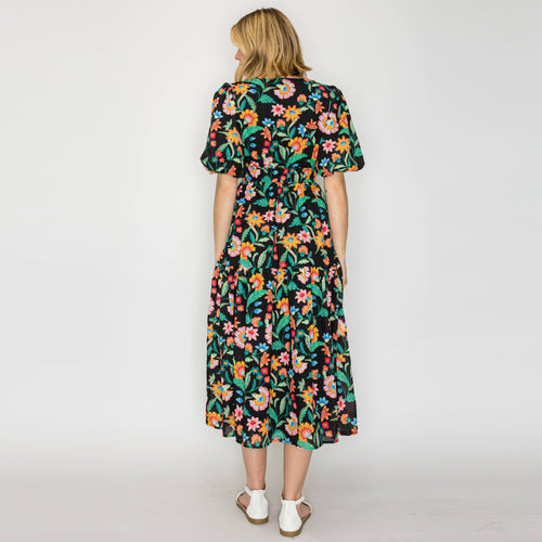 Colorful Jacobean in Black Midi Dress
