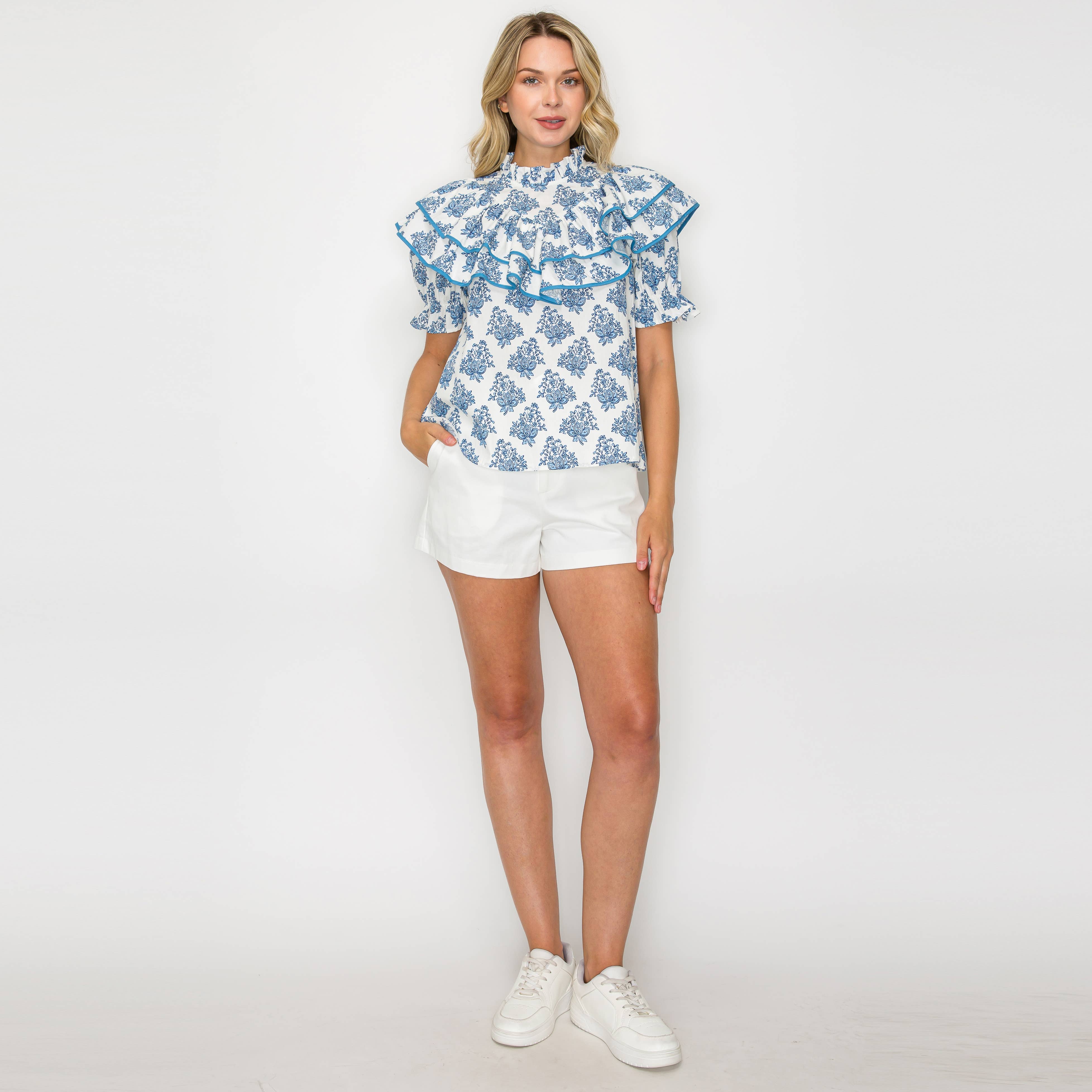 Double Ruffle Cotton Blouse with Ajrak print - Blue -LWT1982