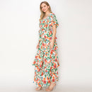 Summer jacobean Print tiered ruffle maxi Dress